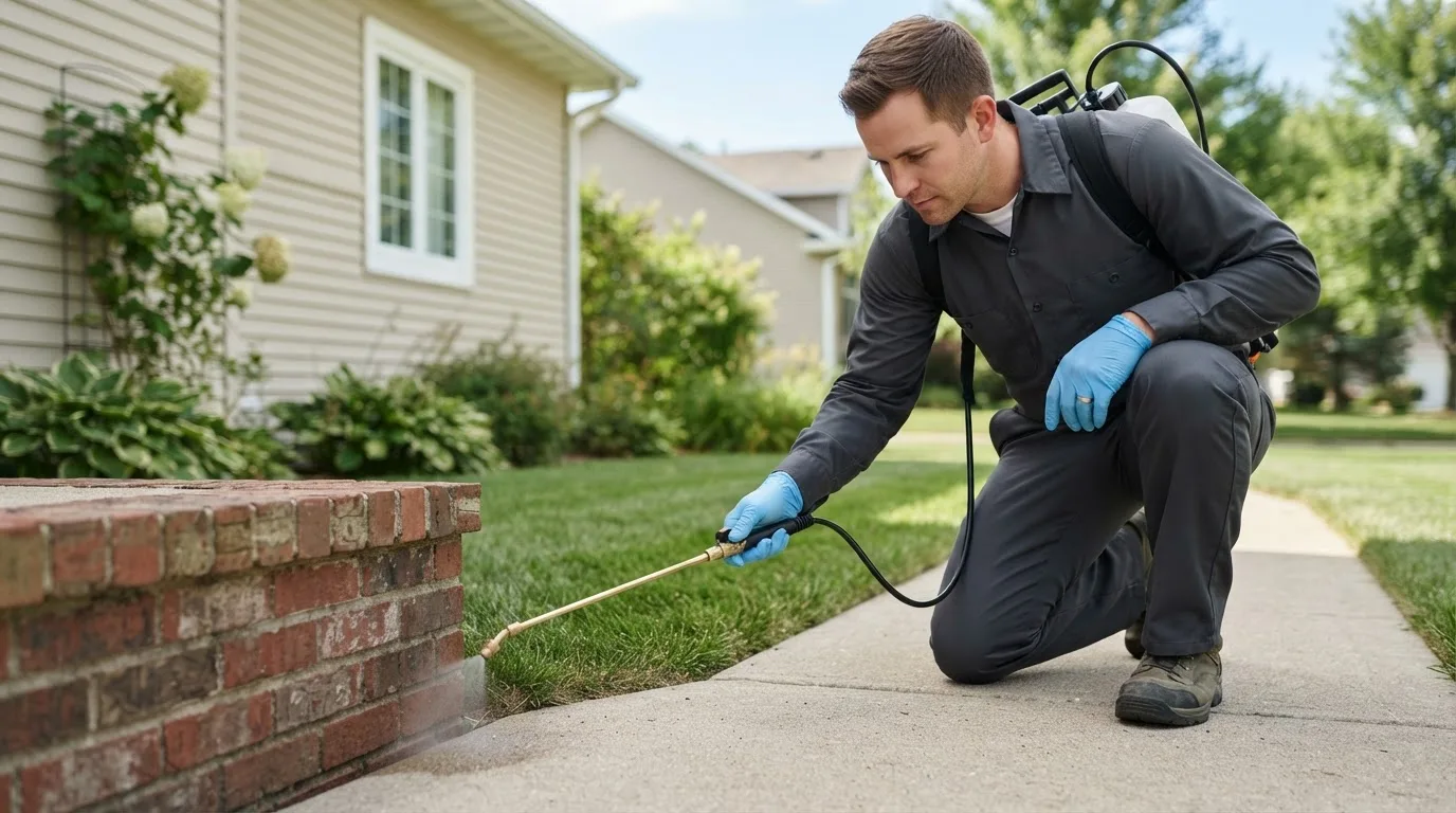 Pest control technician treating a home near Hudsonville, MI