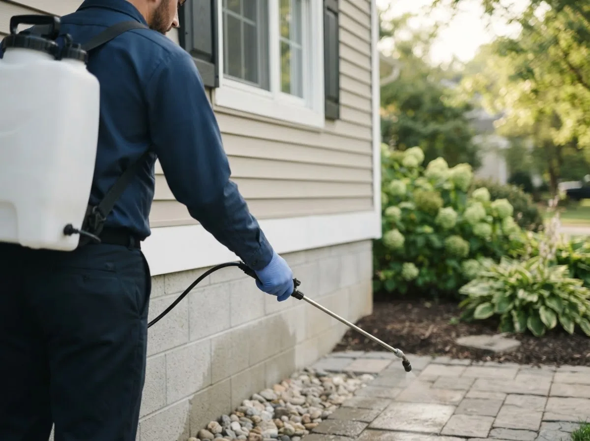 Pest control technician inspecting a home in Hudsonville, MI